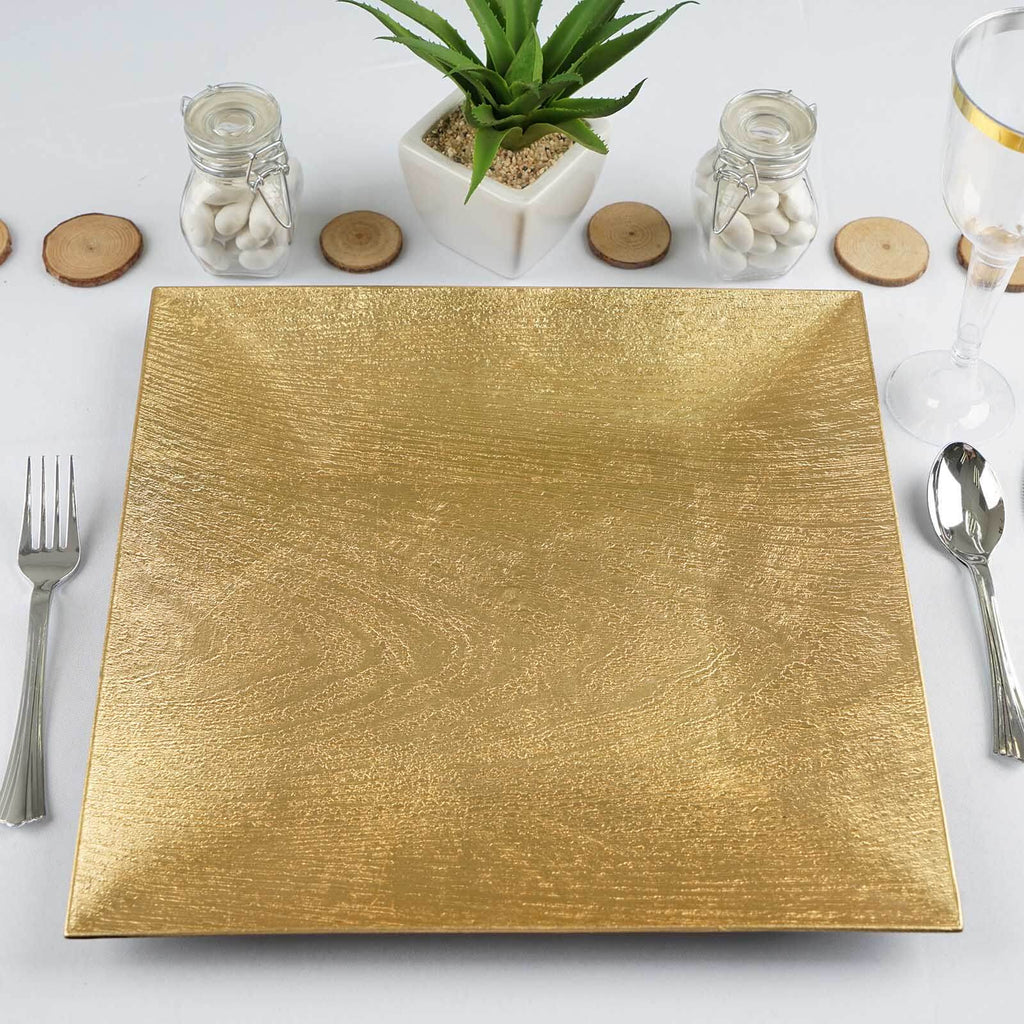 6-Pack Acrylic Charger Plates 12" Square Gold with Embossed Wood Grain - Boho Chic Dinner Party Decor Charger Tableware